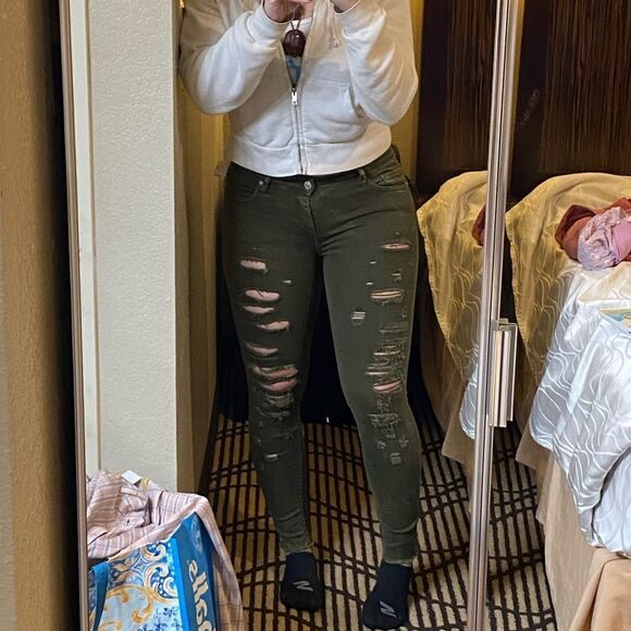 Zara Woman Premium Denim Collection Army Green Distressed Skinny Jeans - Picture 2 of 11